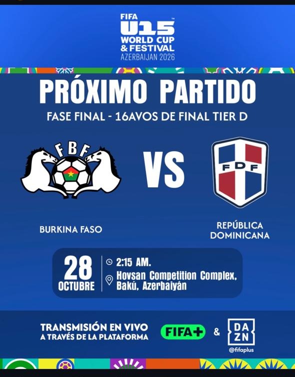 Sub-15 RD enfrenta a Burkina Faso en 16avos